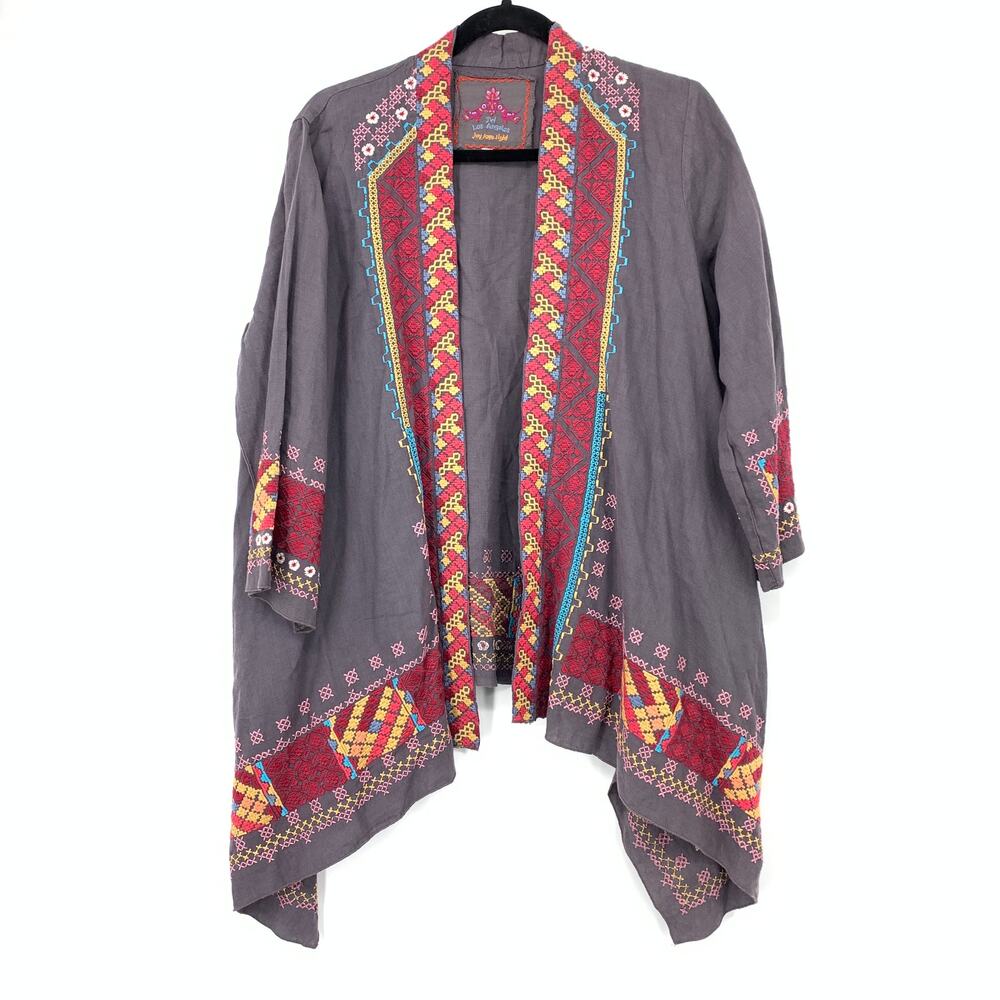 Johnny Was Embroidered Linen Kimono Jacket Womens Sz Large Gray Multicolor